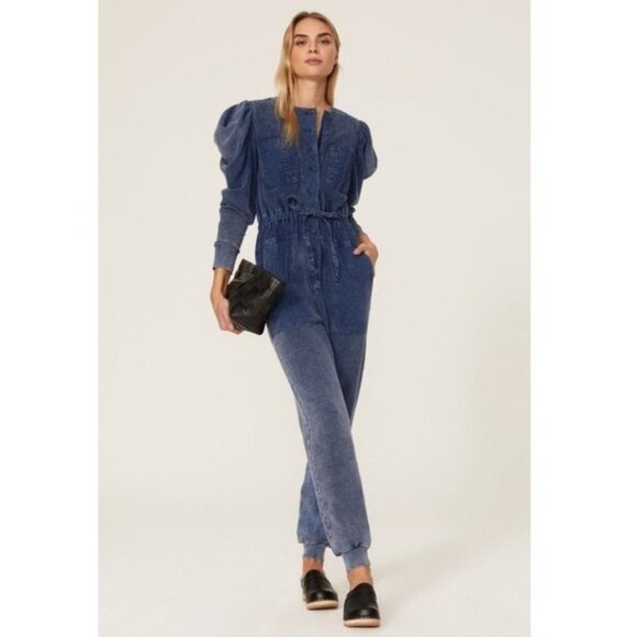 Ulla Johnson Indigo Acid Blue Sadie Puff-Sleeve 6-pocket Banded Cuffs Jumpsuit S - Picture 4 of 13